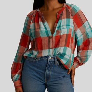 Pilcro Anthropologie Shirt Women’s Size XS Orange Blue Plaid Breezy Buttondown
